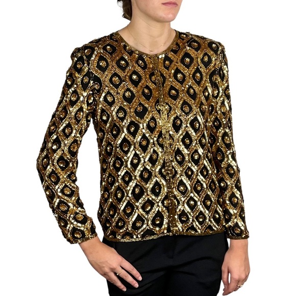 STENAY VINTAGE SILK SEQUIN EMBELLISHED DIAMOND SPARKLE HOLIDAY EVENING JACKET - Picture 1 of 16